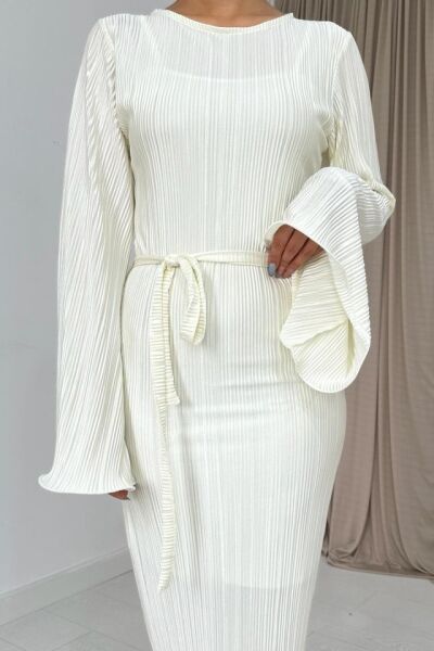 Ekru İspanyol Kol Piliseli Elbise