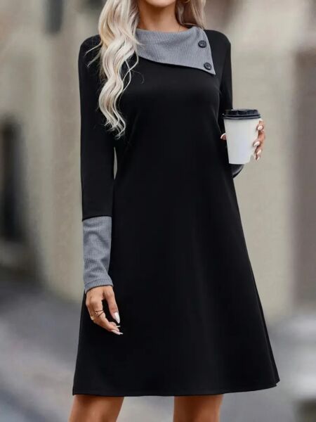 Kadın Uzun Kollu Yakadan Düğmeli Kısa Viskon Iki Iplik Elbise