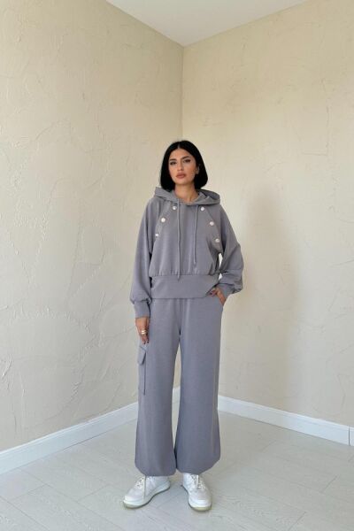 Füme Kapüşonlu Sweatshirt Ve Kargo Pantolon Takım