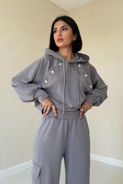 Füme Kapüşonlu Sweatshirt Ve Kargo Pantolon Takım