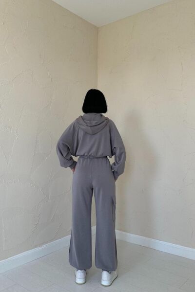 Füme Kapüşonlu Sweatshirt Ve Kargo Pantolon Takım