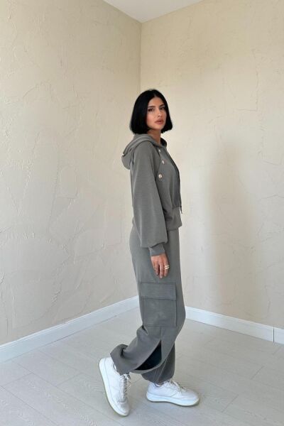 Haki Kapüşonlu Sweatshirt Ve Kargo Pantolon Takım