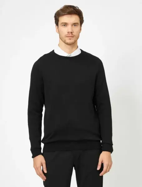 Unisex Uzun Kol Biskilet Yaka Dokuma Triko - Siyah