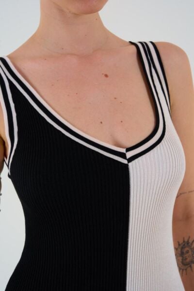 İki Renki Kolsuz Elbise - Siyah-Krem