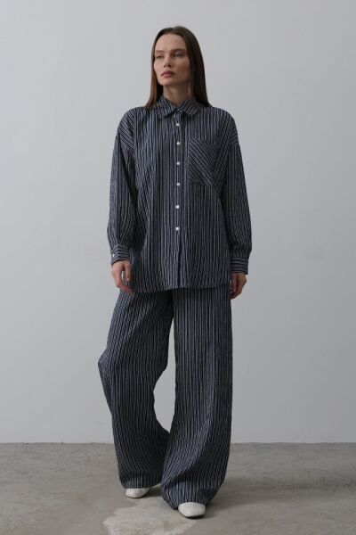 Çizgili Cep Detaylı Oversize Takım - Lacivert
