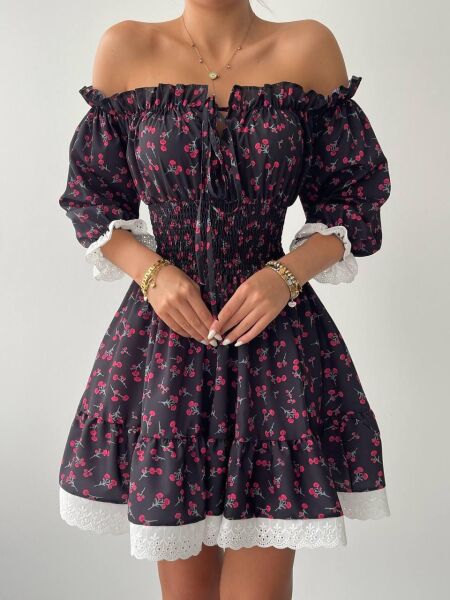 Marne Beli Lastikli Mini Elbise