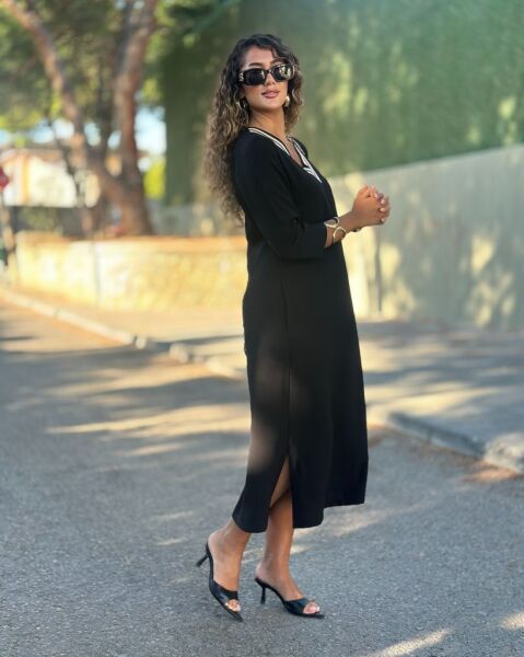 Kadın Uzun Kollu V şerit Yakalı Viskon Iki Iplik Elbise