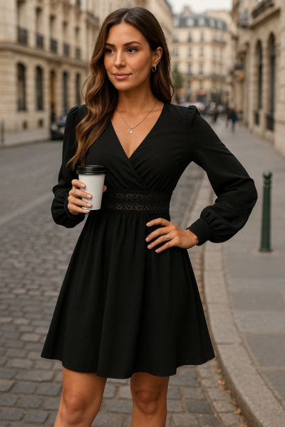 Kadın Uzun Kollu Kruvaze Yakalı Dantelli Fermuar Detaylı Kısa Ithal Krep Elbise