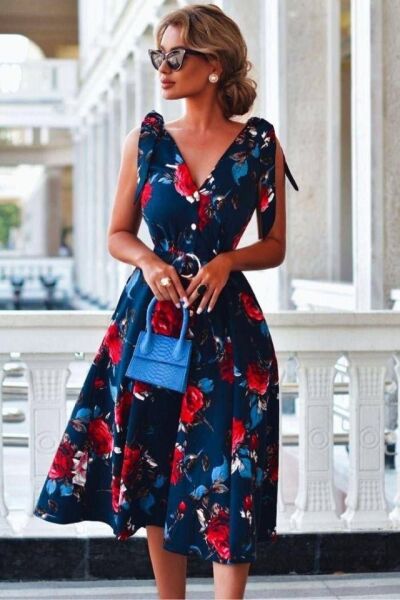 Kadın Omuz Kurdale Detay çiçek Baskılı Midi Elbise