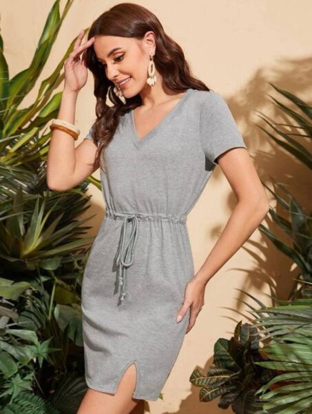 Kadın Beli Büzgülü V Yaka Iki Iplik Elbise