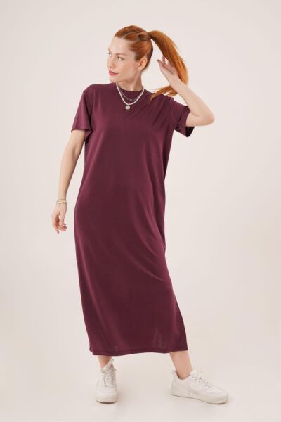 Yırtmaç Detaylı Kısa Kollu Salaş Maxi Bordo Elbise