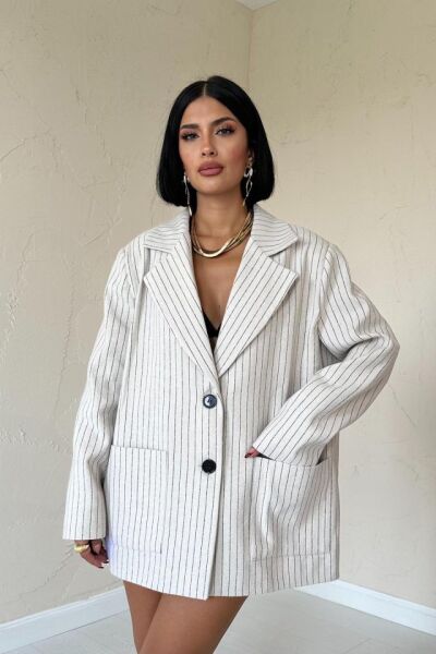 Bej Çizgili Oversize Ceket