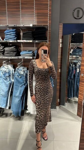 Kadın Kare Yaka Full Likralı Leopar Desen Maxi Boy Elbise