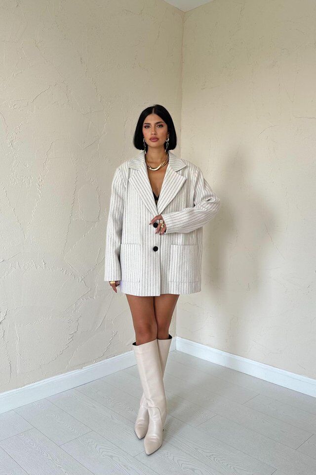 Bej Çizgili Oversize Ceket