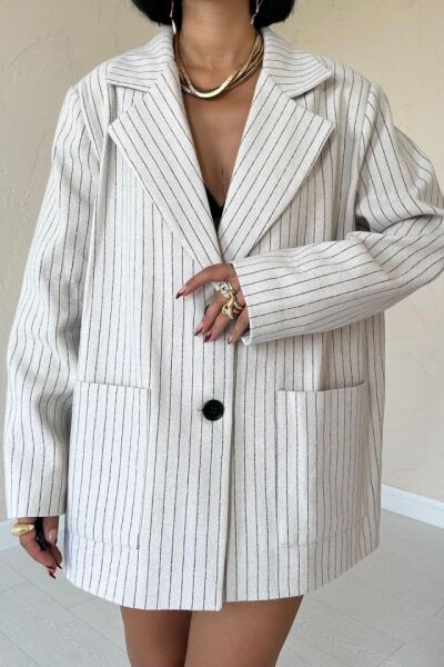 Bej Çizgili Oversize Ceket