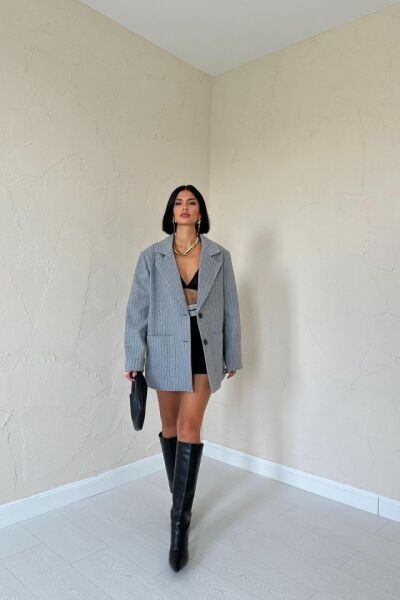 Gri Çizgili Oversize Ceket