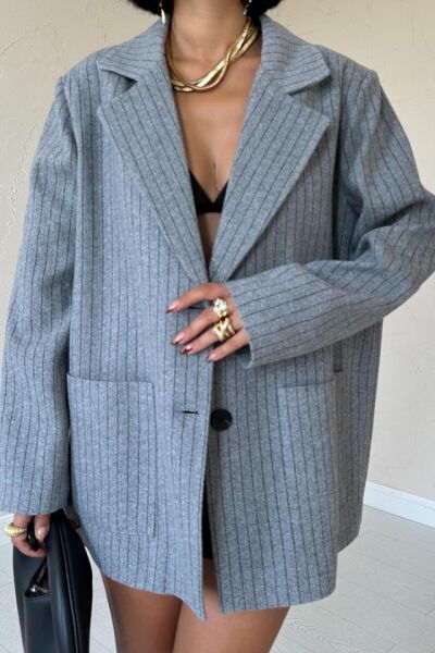 Gri Çizgili Oversize Ceket