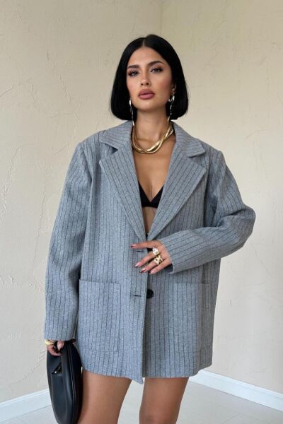 Gri Çizgili Oversize Ceket