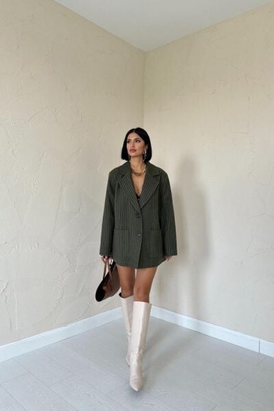 Haki Çizgili Oversize Ceket