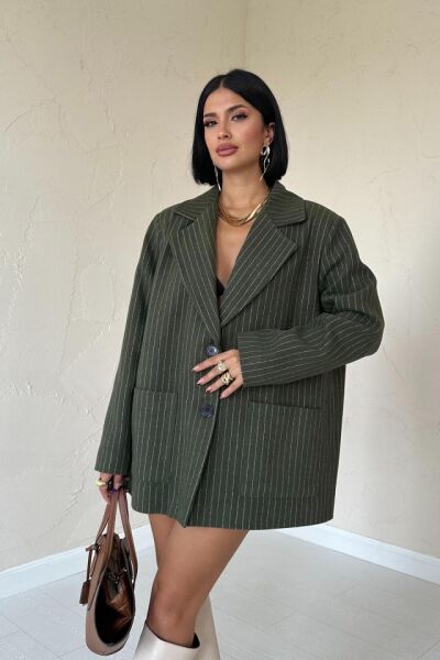 Haki Çizgili Oversize Ceket