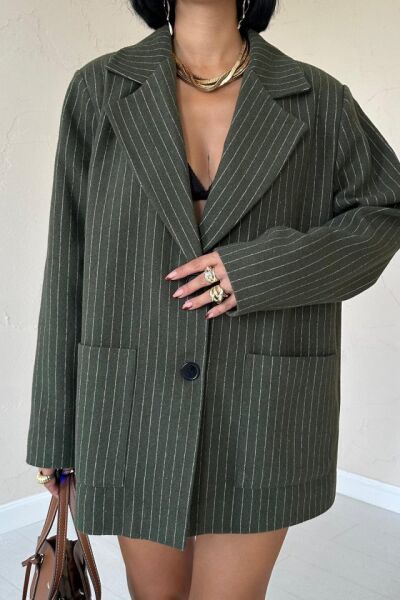 Haki Çizgili Oversize Ceket