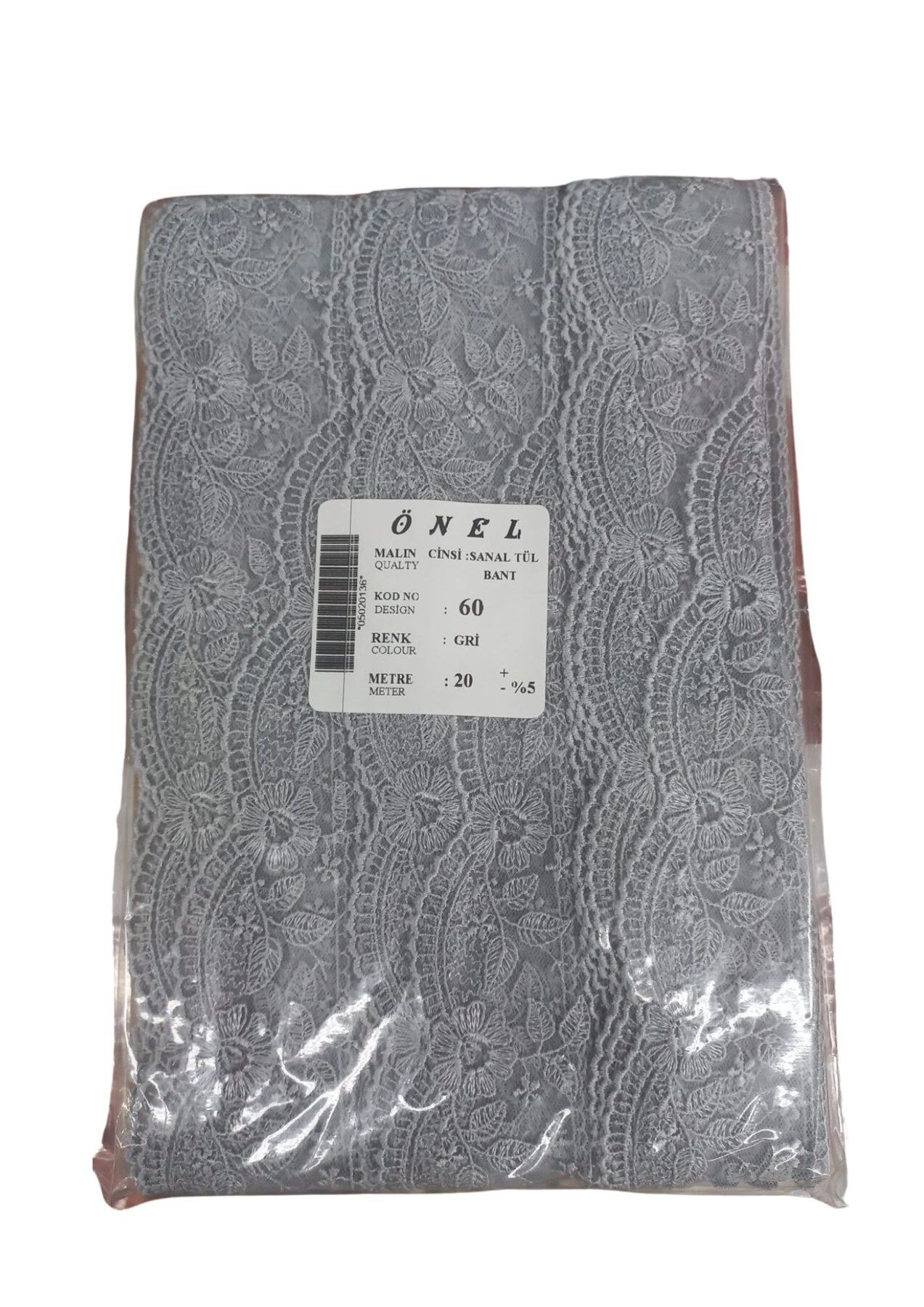 Dantel Polyester Sanal Tül Bant Gri 20 Metre En 6 cm ON-60-G