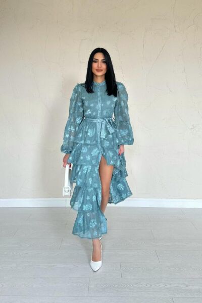 Mint Valonlu Şeritli Kat Kat Elbise