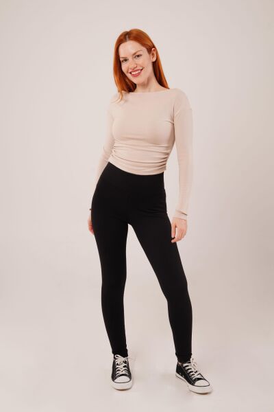 Yaka Detay Uzun Kollu Basic Krem Bluz