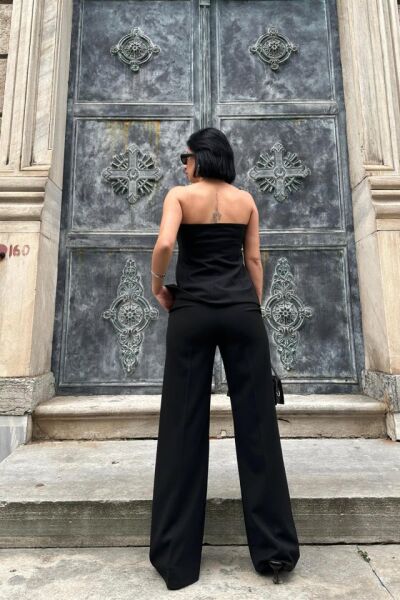 Siyah Straplez Düğmeli Crop Ve Pantolon Takım