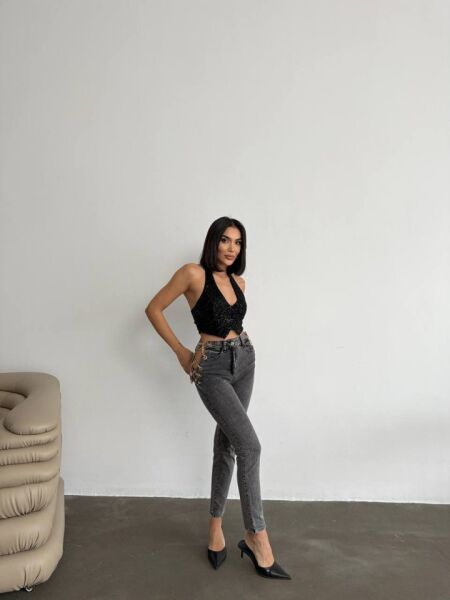Kadın Yandan Zincir Ve Kuş Gözü Detaylı Jean Kot Pantolon
