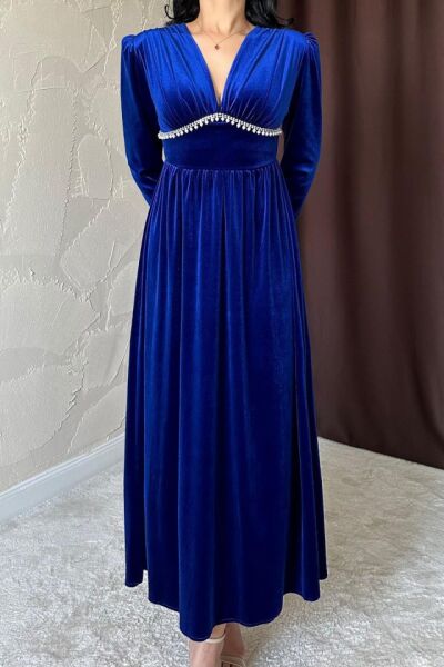 Saks Göğüs Altı Taşlı Elbise