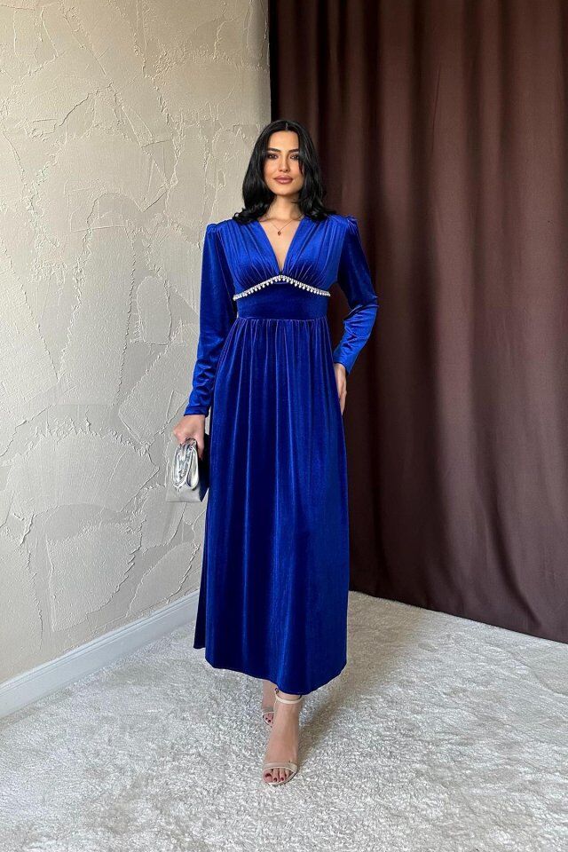 Saks Göğüs Altı Taşlı Elbise