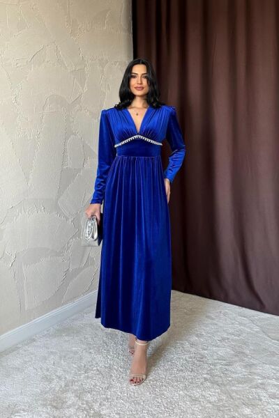 Saks Göğüs Altı Taşlı Elbise