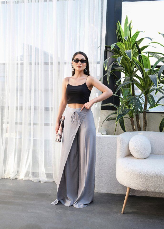 Keten Önü Çapraz Parçali Lasti̇kli̇ Ve Bağcikli Geni̇ş Paça Pantolon