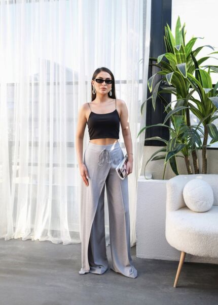 Keten Önü Çapraz Parçali Lasti̇kli̇ Ve Bağcikli Geni̇ş Paça Pantolon