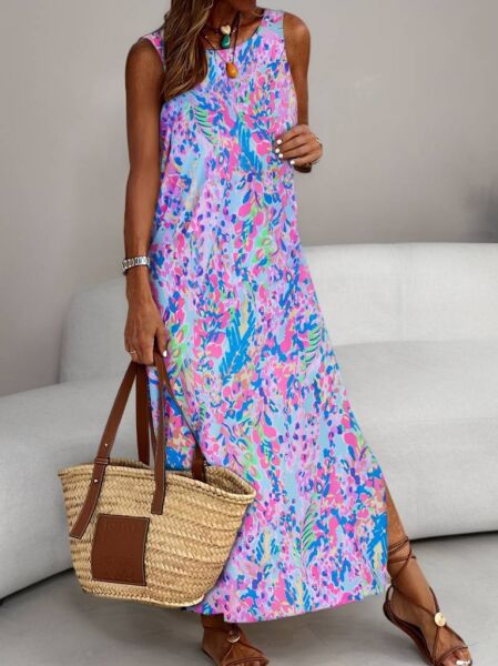 Kadın Askılı Yuvarlak Yaka Yandan Yırtmaçlı Uzun Süprem Elbise