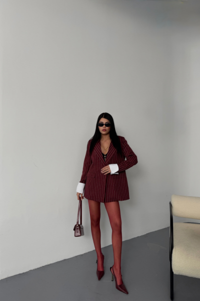 ÇİZGİLİ CEKET TEK DÜĞME EKRU MANŞET - Bordo