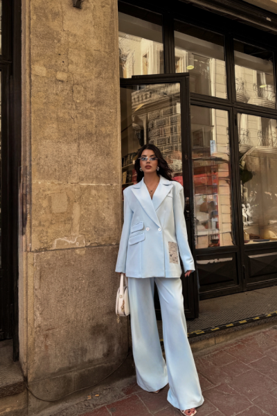 TASARIM ETİKET DETAYLI CEKET - PANTOLON TAKIM - Bebe Mavi