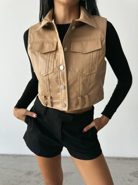DERİ CROP YELEK - Bej