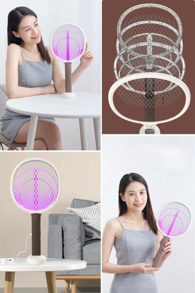 BUFFER® Şarjlı Sinek Öldürücü Masaüstü Standlı,Mor Işık 43cm Sinek Kovucu Raket