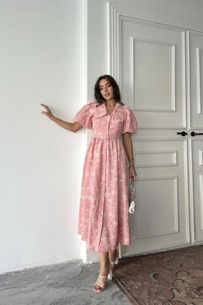 Pembe Bebe Yaka Balon Kollu Elbise