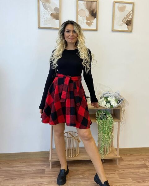 Kadın Uzun Kollu Bisiklet Yaka üst Viskon Alt Ekose Kısa Elbise