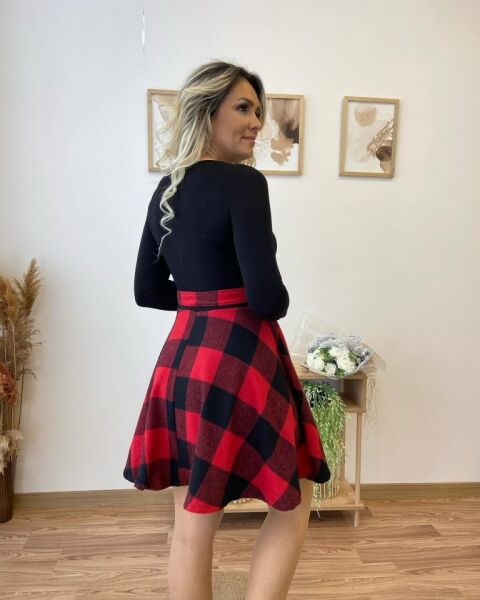 Kadın Uzun Kollu Bisiklet Yaka üst Viskon Alt Ekose Kısa Elbise