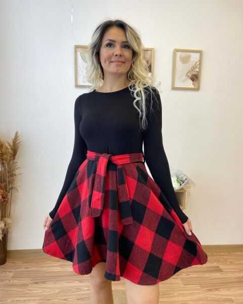 Kadın Uzun Kollu Bisiklet Yaka üst Viskon Alt Ekose Kısa Elbise