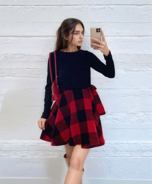 Kadın Uzun Kollu Bisiklet Yaka üst Viskon Alt Ekose Kısa Elbise