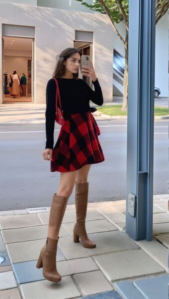 Kadın Uzun Kollu Bisiklet Yaka üst Viskon Alt Ekose Kısa Elbise