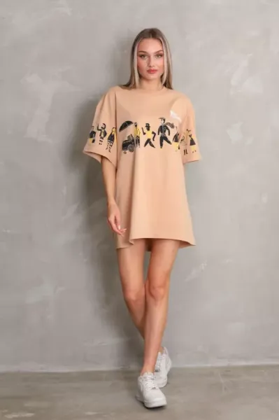 Unisex Bisiklet Yaka Baskılı Oversize T-Shirt - Bej