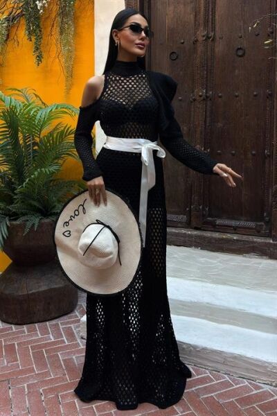 Saten Kuşaklı Ajurlu Triko Elbise 2847