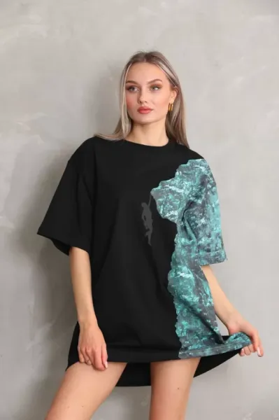 Unisex Bisiklet Yaka Baskılı Oversize T-Shirt - Siyah