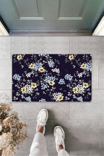 Lacivert Kapı Önü Paspası Minik Çiçekler Desen  K-3249